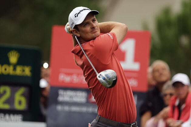 England's Justin Rose tees off during the first round of the Turkish Airlines Open at the Montgomerie Maxx Royal Course in Antalya, Turkey, Thursday, Nov. 7, 2013. (AP Photo / Kaan Soyturk)