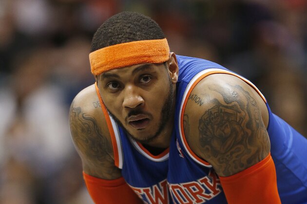 New York Knicks small forward Carmelo Anthony (7) is shown against the Atlanta Hawks in the second half of an NBA basketball game  Saturday, Feb. 22, 2014, in Atlanta. Atlanta won 107-98.  (AP Photo/John Bazemore)