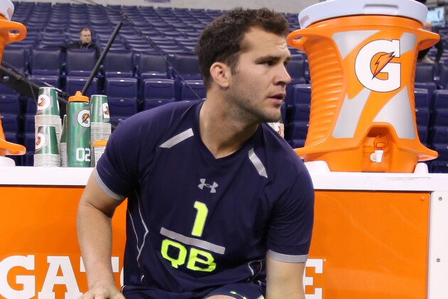 Feb 23, 2014; Indianapolis, IN, USA; Central Florida quarterback Blake Bortles puts shoes on during the 2014 NFL Combine at Lucas Oil Stadium. Mandatory Credit: Brian Spurlock-USA TODAY Sports