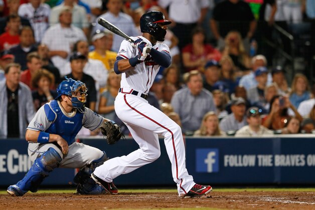 ATLANTA, GA - OCTOBER 04: Jason Heyward #22 of the Atlanta Braves hits a two-run single in the seventh inning against the Los Angeles Dodgers during Game Two of the National League Division Series at Turner Field on October 4, 2013 in Atlanta, Georgia.  (Photo by Kevin C. Cox/Getty Images)