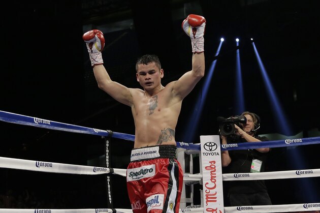 Marcos Rene Maidana celebrates his win over Adrien Broner in an WBA welterweight title bout, Saturday, Dec. 14, 2013, in San Antonio. (AP Photo/Eric Gay)