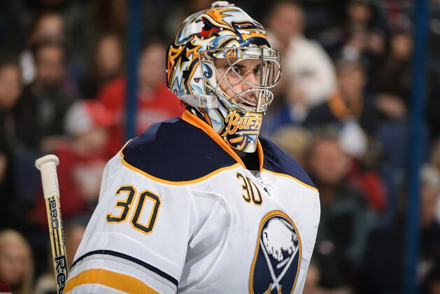 COLUMBUS, OH - JANUARY 25:  Goaltender Ryan Miller #30 of the Buffalo Sabres defends the net against the Columbus Blue Jackets on January 25, 2014 at Nationwide Arena in Columbus, Ohio.  (Photo by Jamie Sabau/NHLI via Getty Images)