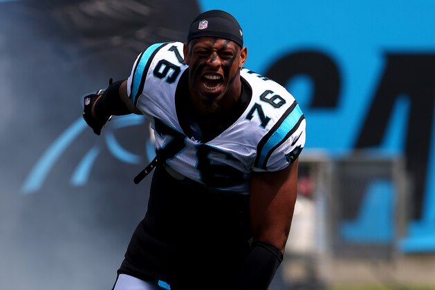 CHARLOTTE, NC - SEPTEMBER 08:  Greg Hardy #76 of the Carolina Panthers during their game at Bank of America Stadium on September 8, 2013 in Charlotte, North Carolina.  (Photo by Streeter Lecka/Getty Images)