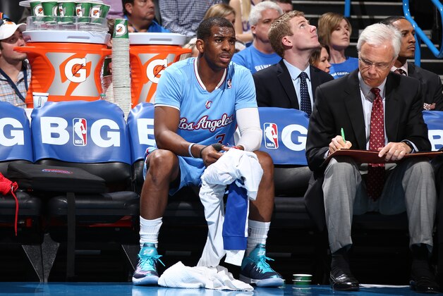 OKLAHOMA CITY, OK - FEBRUARY 23: Chris Paul #3 of the Los Angeles Clippers looks on against the Los Angeles Clippers during a game at Chesapeake Energy Arena on February 23, 2014 in Oklahoma City, Oklahoma. NOTE TO USER: User expressly acknowledges and agrees that, by downloading and/or using this photograph, user is consenting to the terms and conditions of the Getty Images License Agreement.  Mandatory Copyright Notice: Copyright 2014 NBAE (Photo by Nathaniel S. Butler/NBAE via Getty Images)