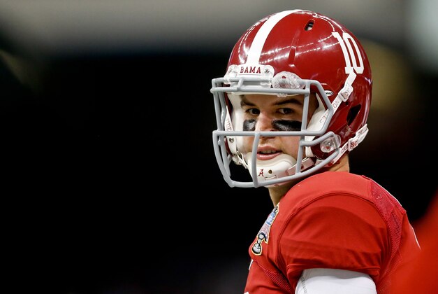 Jan 2, 2014; New Orleans, LA, USA;  Alabama Crimson Tide quarterback AJ McCarron (10) looks on from the sideline during the second quarter of a game against the Oklahoma Sooners at the Mercedes-Benz Superdome. Mandatory Credit: Derick E. Hingle-USA TODAY Sports