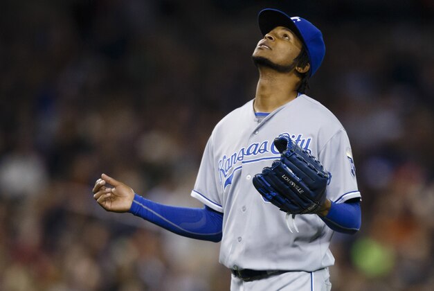 Sep 14, 2013; Detroit, MI, USA; Kansas City Royals starting pitcher Ervin Santana (54) walks off the field after being relieved in the seventh inning against the Detroit Tigers at Comerica Park. Mandatory Credit: Rick Osentoski-USA TODAY Sports