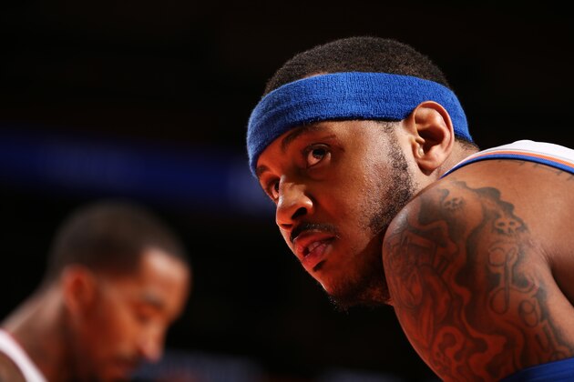 NEW YORK, NY - JANUARY 30: Carmelo Anthony #7 of the New York Knicksn during a game between the New York Knicks and the Cleveland Cavaliers at Madison Square Garden in New York City on January 30, 2014.  NOTE TO USER: User expressly acknowledges and agrees that, by downloading and or using this photograph, User is consenting to the terms and conditions of the Getty Images License Agreement. Mandatory Copyright Notice: Copyright 2014 NBAE  (Photo by Nathaniel S. Butler/NBAE via Getty Images)