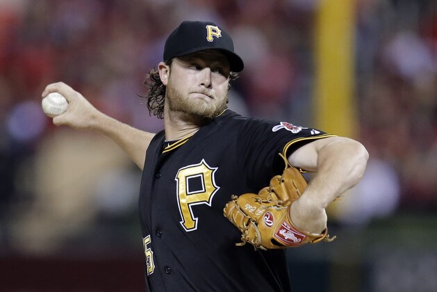 Pittsburgh Pirates starter Gerrit Cole pitches against the St. Louis Cardinals in the first inning of Game 5 of a National League baseball division series, Wednesday, Oct. 9, 2013, in St. Louis. (AP Photo/Charlie Riedel)