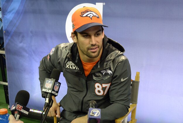 Jan 28, 2014; Newark, NJ, USA; Denver Broncos wide receiver Eric Decker (87) speaks to the media during Media Day for Super Bowl XLVIII at Prudential Center. Mandatory Credit: Robert Deutsch-USA TODAY Sports