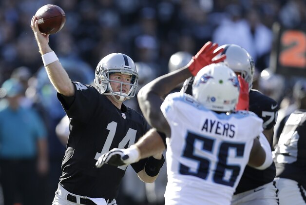 Oakland Raiders quarterback Matt McGloin (14) passes as Tennessee Titans outside linebacker Akeem Ayers (56) applies pressure during the first half of an NFL football game in Oakland, Calif., Sunday, Nov. 24, 2013. (AP Photo/Ben Margot)