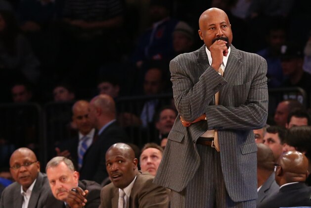 Feb 24, 2014; New York, NY, USA;  New York Knicks head coach Mike Woodson looks on during the third quarter against the Dallas Mavericks at Madison Square Garden. Dallas Mavericks won 110-108.  Mandatory Credit: Anthony Gruppuso-USA TODAY Sports
