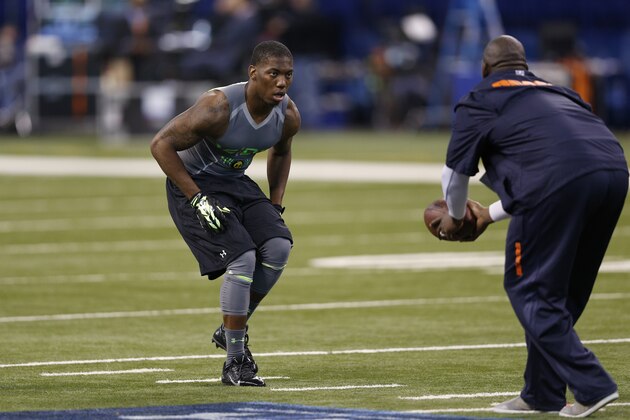 INDIANAPOLIS, IN - FEBRUARY 25: Former Michigan State defensive back Darqueze Dennard runs a drill during the 2014 NFL Combine at Lucas Oil Stadium on February 25, 2014 in Indianapolis, Indiana. (Photo by Joe Robbins/Getty Images)