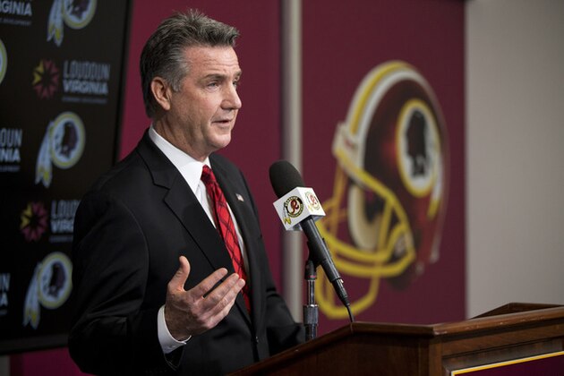 Washington Redskins Executive Vice President/ General Manager Bruce Allen answers a question during a news conference after the firing of head coach Mike Shanahan at Redskins Park on Monday, Dec. 30, 2013, in Ashburn, Va. (AP Photo/ Evan Vucci)