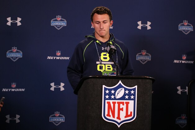 Feb 21, 2014; Indianapolis, IN, USA; Texas A&M Aggies quarterback Johnny Manziel speaks to the media in a press conference during the 2014 NFL Combine at Lucas Oil Stadium. Mandatory Credit: Brian Spurlock-USA TODAY Sports