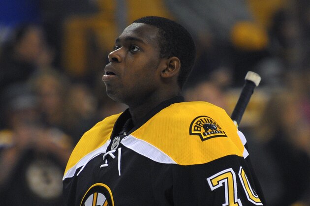 Sep 19, 2013; Boston, MA, USA; Boston Bruins goalie Malcolm Subban (70) during the national anthem before a game against the Detroit Red Wings at TD Banknorth Garden. Mandatory Credit: Bob DeChiara-USA TODAY Sports