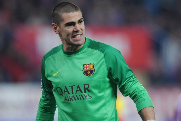 MADRID, SPAIN - JANUARY 11: Victor Valdes of FC Barcelona looks on during the La Liga match between Club Atletico de Madrid and FC Barcelona  at Vicente Calderon Stadium on January 11, 2014 in Madrid, Spain.  (Photo by Denis Doyle/Getty Images)