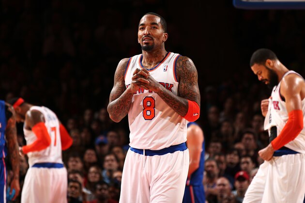 NEW YORK, NY - JANUARY 17: J.R. Smith #8 of the New York Knicks during a game against the Los Angeles Clippers at Madison Square Garden in New York City on January 17, 2014.  NOTE TO USER: User expressly acknowledges and agrees that, by downloading and or using this photograph, User is consenting to the terms and conditions of the Getty Images License Agreement. Mandatory Copyright Notice: Copyright 2014 NBAE  (Photo by Nathaniel S. Butler/NBAE via Getty Images)