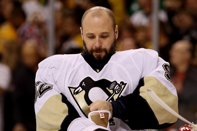 BOSTON, MA - JUNE 05: Tomas Vokoun #92 of the Pittsburgh Penguins fixes his glove against the Boston Bruins during Game Three of the Eastern Conference Final of the 2013 NHL Stanley Cup Playoffs at the TD Garden on June 5, 2013 in Boston, Massachusetts.  (Photo by Bruce Bennett/Getty Images)