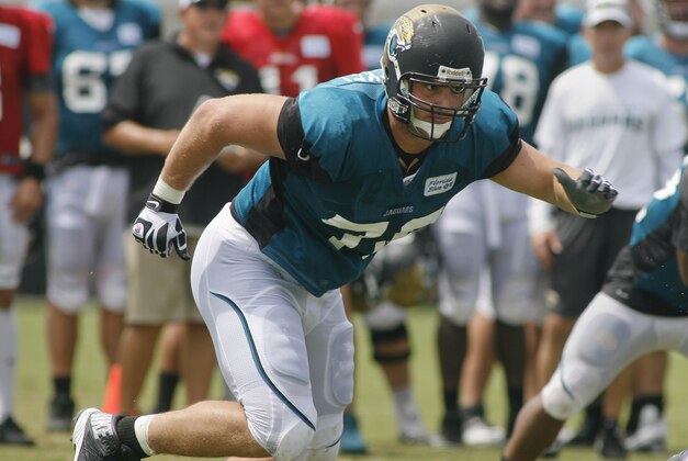 Jul 31, 2013; Jacksonville, FL, USA; Jacksonville Jaguars tackle Luke Joeckel (76) during the first day of training camp in pads at EverBank Field. Mandatory Credit: Phil Sears-USA TODAY Sports