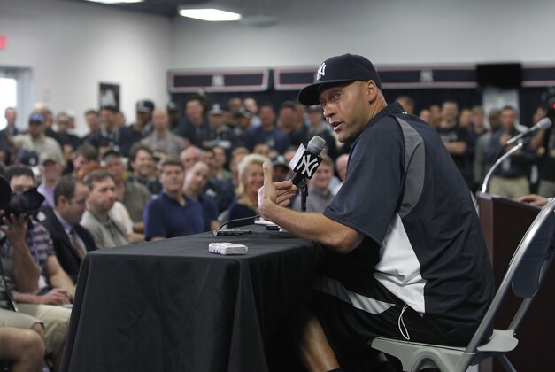 Feb 19, 2014; Tampa, FL, USA; New York Yankees shortstop Derek Jeter (2) talks with the media during a press conference saying that after this year he will retire at George M. Steinbrenner Field. Mandatory Credit: Kim Klement-USA TODAY Sports