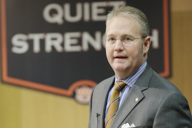 Auburn Athletic Director Jay Jacobs talks with reporters at Auburn University in Auburn, Ala., Sunday, Nov. 25, 2012. Jacobs announced the firing of football coach Gene Chizik following a 3-8 season. (AP Photo/Dave Martin)