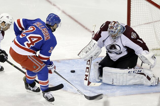 Colorado Avalanche goalie Semyon Varlamov, right, deflects a shot-on-goal by New York Rangers' Ryan Callahan (24) during the third period of an NHL hockey game, Tuesday, Feb. 4, 2014, in New York. The Rangers won 5-1. (AP Photo/Frank Franklin II)