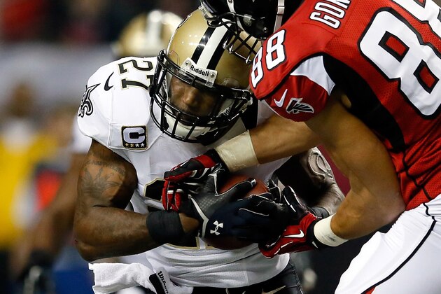 ATLANTA, GA - NOVEMBER 21:  Free safety Malcolm Jenkins #27 of the New Orleans Saints breaks up a pass intended for tight end Tony Gonzalez #88 of the Atlanta Falcons during a game at the Georgia Dome on November 21, 2013 in Atlanta, Georgia.  (Photo by Kevin C. Cox/Getty Images)