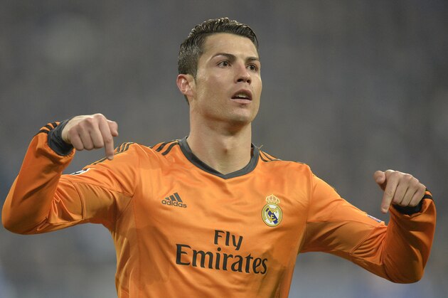 Real's Cristiano Ronaldo reacts after scoring during a Champions League round of sixteen, first leg soccer match between Schalke 04 and Real Madrid at the Veltins Arena in Gelsenkirchen, Germany, Wednesday Feb. 26, 2014. (AP Photo/Martin Meissner)