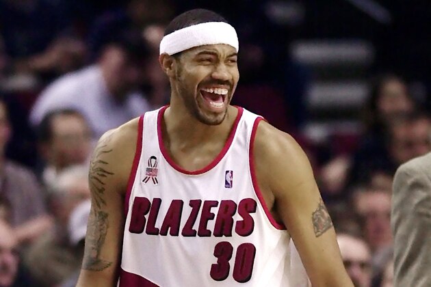 Portland Trail Blazers forward Rasheed Wallace reacts after sinking a second-half 3-point shot in the Blazers' 132-106 win over the Dallas Mavericks in Portland, Ore., Thursday, March 14, 2002. Wallace scored 37 points. (AP Photo/Don Ryan)