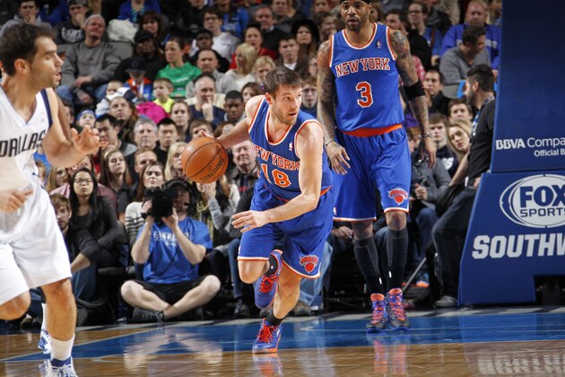 DALLAS, TX - JANUARY 5:  Beno Udrih #18 of the New York Knicks dribbles the ball against the Dallas Mavericks on January 5, 2014 at the American Airlines Center in Dallas, Texas. NOTE TO USER: User expressly acknowledges and agrees that, by downloading and or using this photograph, User is consenting to the terms and conditions of the Getty Images License Agreement. Mandatory Copyright Notice: Copyright 2014 NBAE (Photo by Glenn James/NBAE via Getty Images)