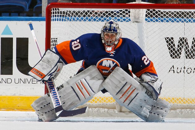 UNIONDALE, NY - FEBRUARY 06:  Goalie Evgeni Nabokov #20 of the New York Islanders watches the puck during an NHL hockey game against the Calgary Flames at Nassau Veterans Memorial Coliseum on February 6, 2014 in Uniondale, New York.  (Photo by Paul Bereswill/NHLI via Getty Images)