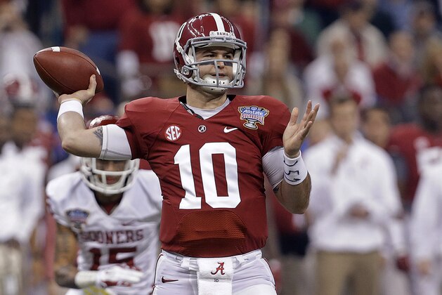 Alabama quarterback AJ McCarron (10) passes during the first half of the Sugar Bowl NCAA college football game against Oklahoma, Thursday, Jan. 2, 2014, in New Orleans. (AP Photo/Rusty Costanza)