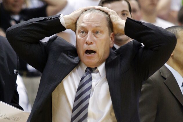 EAST LANSING, MI - FEBRUARY 16:  Coach Tom Izzo of the Michigan State Spartans reacts during the second half of a 60-51 loss to the Nebraska Conrhuskers at Breslin Center on February 16, 2014, in East Lansing, Michigan. (Photo by Duane Burleson/Getty Images)
