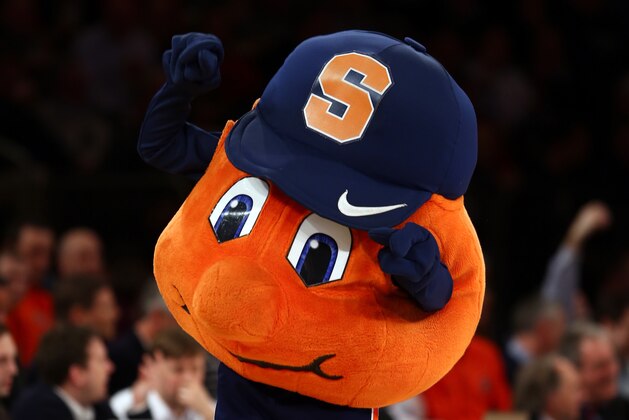 NEW YORK, NY - MARCH 14:  Otto, the mascot for the Syracuse Orange performs against the Pittsburgh Panthers during the quaterfinals of the Big East Men's Basketball Tournament at Madison Square Garden on March 14, 2013 in New York City.  (Photo by Elsa/Getty Images)