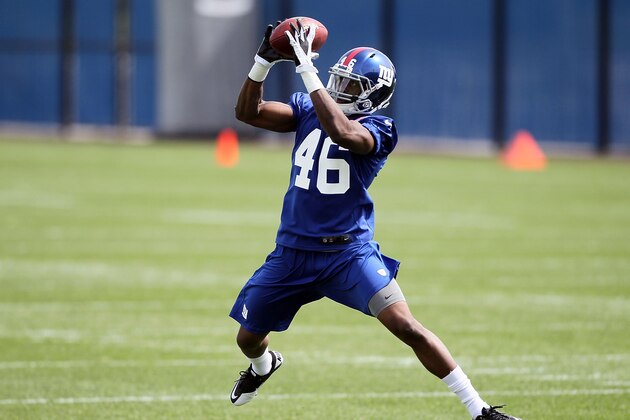 EAST RUTHERFORD, NJ - MAY 11:  Jojo Nicolas #46 of the New York Giants works out during Giants minicamp at Timex Performance Center on May 11, 2012 in East Rutherford, New Jersey.  (Photo by Jim McIsaac/Getty Images)