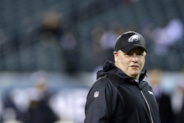 Philadelphia Eagles head coach Chip Kelly looks on before an NFL wild-card playoff football game against the New Orleans Saints, Saturday, Jan. 4, 2014, in Philadelphia. (AP Photo/Michael Perez)