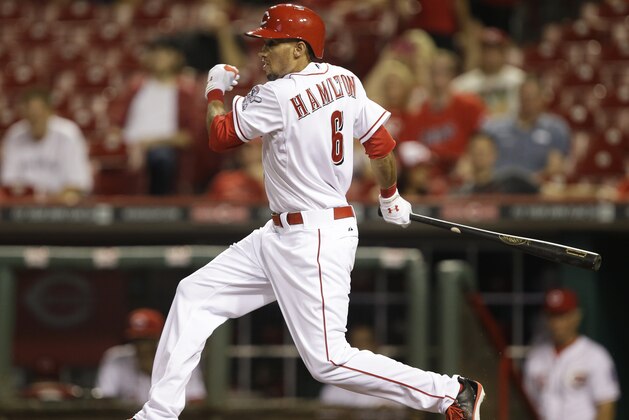 Cincinnati Reds' Billy Hamilton grounds out in the ninth inning of a baseball game against the Chicago Cubs, Tuesday, Sept. 10, 2013, in Cincinnati. (AP Photo/Al Behrman)