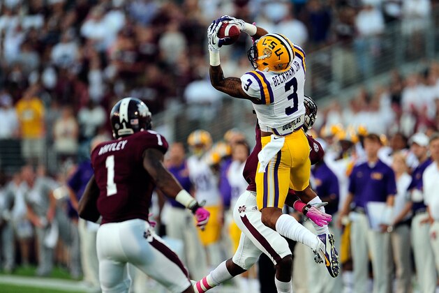 STARKVILLE, MS - OCTOBER 05:  Odell Beckham Jr. #3 of the LSU Tigers goes up for a reception in front of Nickoe Whitley #1 of the Mississippi State Bulldogs during a game at Davis Wade Stadium on October 5, 2013 in Starkville, Mississippi.  LSU won the game 59-26.  (Photo by Stacy Revere/Getty Images)