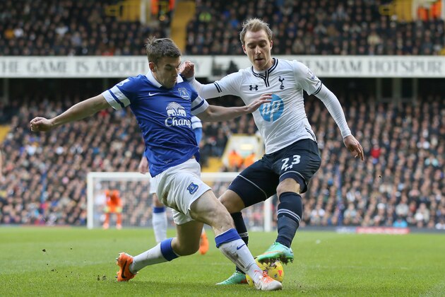Tottenham's Christian Eriksen, right, attempts to cross as Everton's Phil Jagielka blocks during their English Premier League soccer match at the White Hart Lane stadium in London, Sunday, Feb. 9 2014. (AP Photo/Alastair Grant) Tottenham's Christian Eriksen, right, attempts to cross as Everton's Phil Jagielka blocks during their English Premier League soccer match at the White Hart Lane stadium in London, Sunday, Feb. 9 2014. (AP Photo/Alastair Grant)