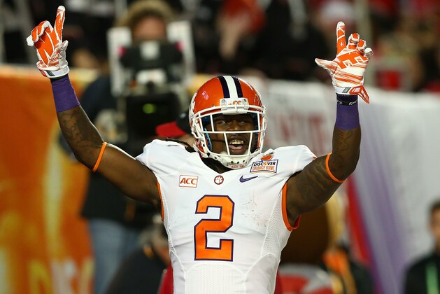 MIAMI GARDENS, FL - JANUARY 03: Sammy Watkins #2 of the Clemson Tigers celebrates a touchdown in the first quarter against the Ohio State Buckeyes during the Discover Orange Bowl at Sun Life Stadium on January 3, 2014 in Miami Gardens, Florida. (Photo by Streeter Lecka/Getty Images) MIAMI GARDENS, FL - JANUARY 03: Sammy Watkins #2 of the Clemson Tigers celebrates a touchdown in the first quarter against the Ohio State Buckeyes during the Discover Orange Bowl at Sun Life Stadium on January 3, 2014 in Miami Gardens, Florida. (Photo by Streeter Lecka/Getty Images)
