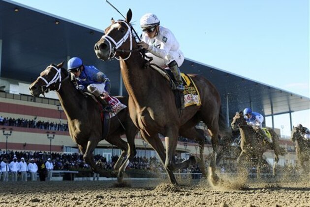 In this photo provided by the New York Racing Association, Gemologist, ridden by Javier Castellano, wins the Wood Memorial horse race over Alpha, ridden by Ramon A. Dominguez, at Aqueduct racetrack, Saturday, April 7, 2012, in New York. (AP Photo/New York Racing Association)