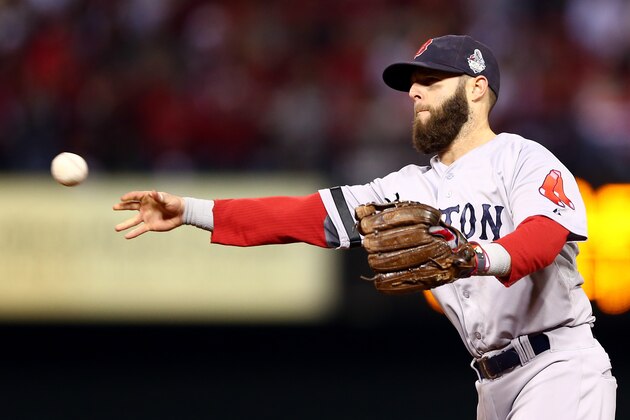 ST LOUIS, MO - OCTOBER 28:  Dustin Pedroia #15 of the Boston Red Sox in action against the St. Louis Cardinals during Game Five of the 2013 World Series at Busch Stadium on October 28, 2013 in St Louis, Missouri.  (Photo by Elsa/Getty Images)