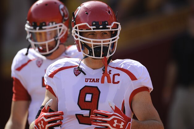 Utah defensive end Trevor Reilly (9) takes the field for an NCAA college football game against Southern California, Saturday, Oct. 26, 2013, in Los Angeles. (AP Photo/Gus Ruelas)