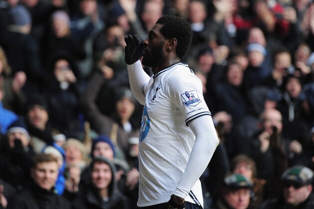 LONDON, ENGLAND - FEBRUARY 09:  Emmanuel Adebayor of Tottenham Hotspur celebrates after scoring during the Barclays Premier League match between Tottenham Hotspur and Everton at White Hart Lane on February 9, 2014 in London, England.  (Photo by Shaun Botterill/Getty Images)