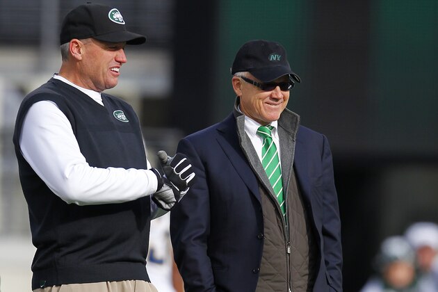 EAST RUTHERFORD, NJ - DECEMBER 23: Head coach Rex Ryan, left and owner Woody Johnson of the New York Jets talks before the start of their game against the San Diego Chargers at MetLife Stadium on December 23, 2012 in East Rutherford, New Jersey. (Photo by Rich Schultz /Getty Images)
