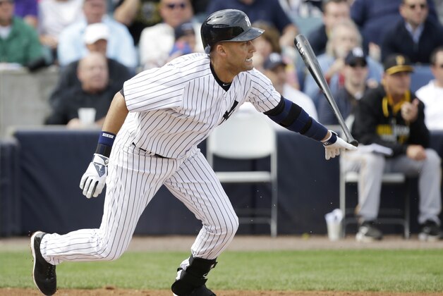 New York Yankees shortstop Derek Jeter grounds out during the fourth inning of an exhibition baseball game against the Pittsburgh Pirates Thursday, Feb. 27, 2014, in Tampa, Fla. (AP Photo/Charlie Neibergall)