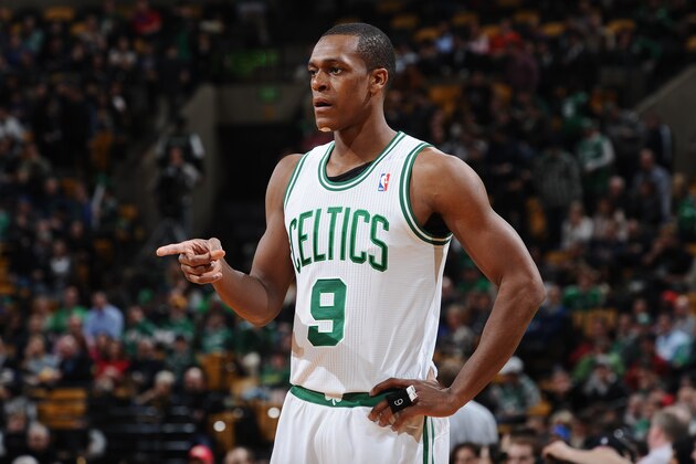 BOSTON, MA - FEBRUARY 26: Rajon Rondo #9 of the Boston Celtics during a stop in the play against the Atlanta Hawks on February 26, 2014 at the TD Garden in Boston, Massachusetts.  NOTE TO USER: User expressly acknowledges and agrees that, by downloading and or using this photograph, User is consenting to the terms and conditions of the Getty Images License Agreement. Mandatory Copyright Notice: Copyright 2014 NBAE  (Photo by Steve Babineau/NBAE via Getty Images)