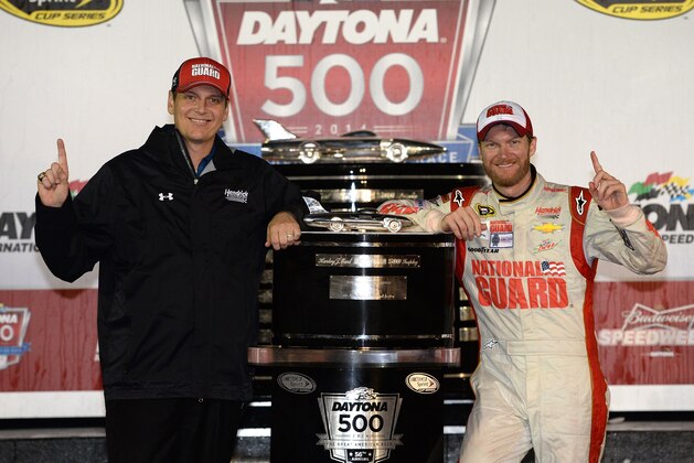 DAYTONA BEACH, FL - FEBRUARY 23:  (L-R) Crew chief Steve Letarte, and Dale Earnhardt Jr., driver of the #88 National Guard Chevrolet, celebrate in victory lane after winning the NASCAR Sprint Cup Series Daytona 500 at Daytona International Speedway on February 23, 2014 in Daytona Beach, Florida.  (Photo by Patrick Smith/Getty Images)