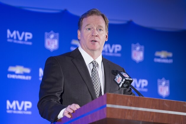 Roger Goodell, commissioner of the National Football League, speaks to the media during a news conference at the Super Bowl XLVIII Media Center at the Sheraton hotel, Monday, Feb. 3, 2014, in New York. The Seattle Seahawks defeated the Denver Broncos, 43-8. (AP Photo/John Minchillo)
