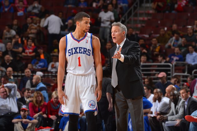 PHILADELPHIA, PA - FEBRUARY 26: Michael Carter-Williams #1 of the Philadelphia 76ers gets direction against of the Orlando Magic at the Wells Fargo Center on February 26, 2014 in Philadelphia, Pennsylvania. NOTE TO USER: User expressly acknowledges and agrees that, by downloading and or using this photograph, User is consenting to the terms and conditions of the Getty Images License Agreement. Mandatory Copyright Notice: Copyright 2014 NBAE (Photo by Jesse D. Garrabrant/NBAE via Getty Images)